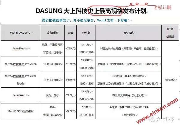 大上科技11月底将发布新产品DASUNG Paperlike PRO 2019和TOUCH